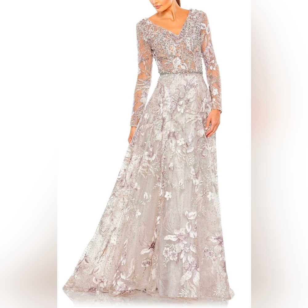 Mac Duggal Silver Lace Long Sleeve Evening Gown